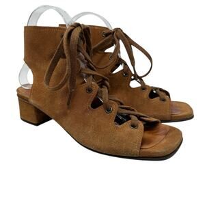 Chie Mihara Lace-Up Sandals Block Heel Suede Tan Brown Size 38.5 US 8.5